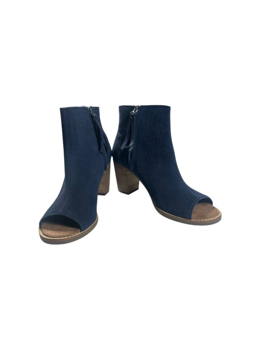 TOMS Majorca Perforated Navy Suede Zip Peep Toe Ankle Bootie Heels Womens 7.5